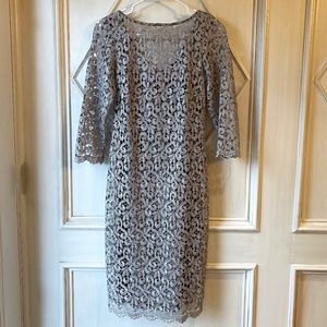 Marina Taupe Boat-Neck 3/4 Sleeve Shine Lace Dress